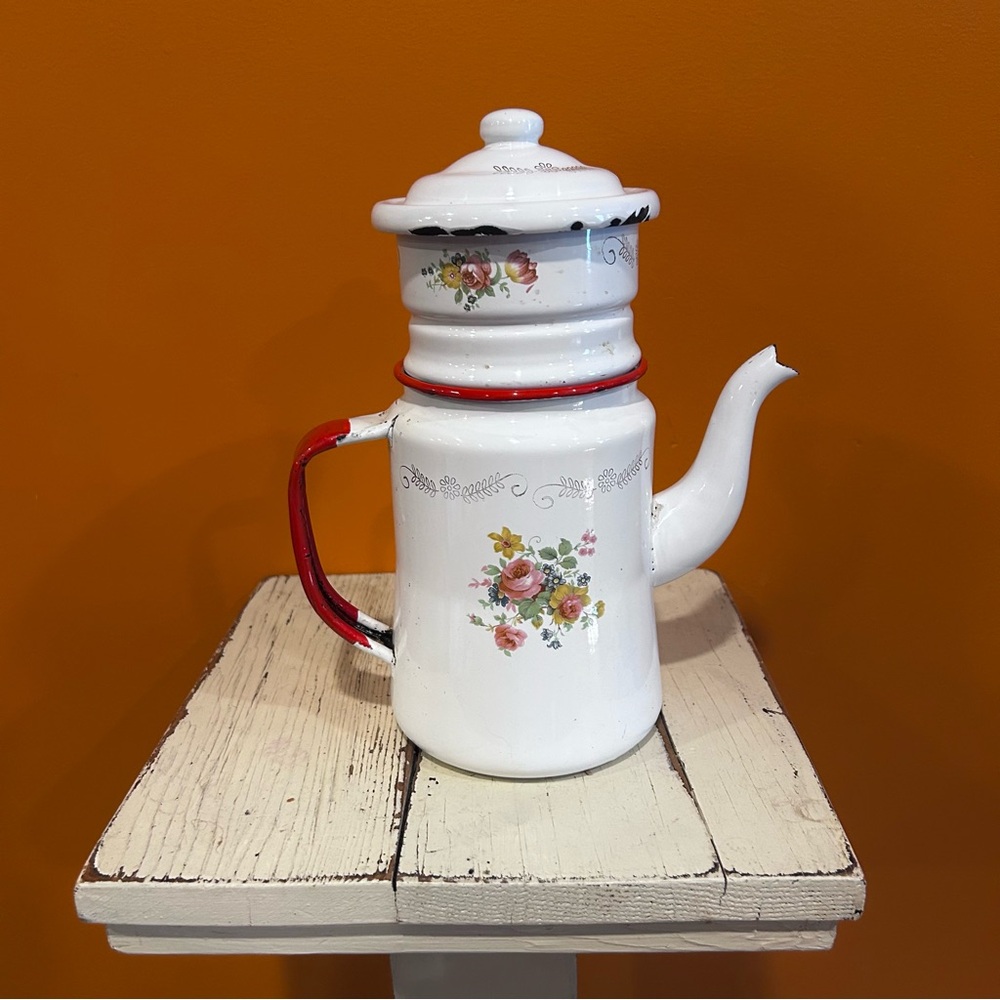 Floral Trea Enamel Coffee Pot with Red Handle‎ made in Mexico vintage French